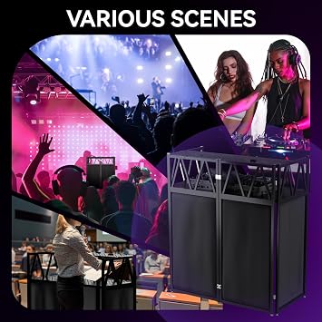 DJ Table Stand Portable DJ Booth,Heavy-Duty Foldable D J Facade Booth with Black & White Scrim All-Metal with Cable Hole and Carry Bag, for Parties,Events,Small Studios