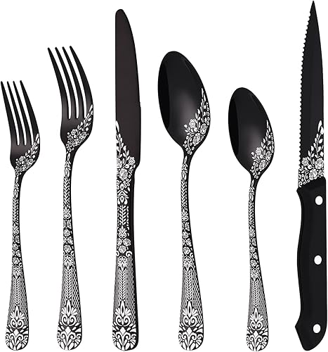 EUIRIO Juego de cubiertos negros de 72 piezas con cuchillos para carne, juego de cubiertos negros para 12, juego de cubiertos de acero inoxidable,