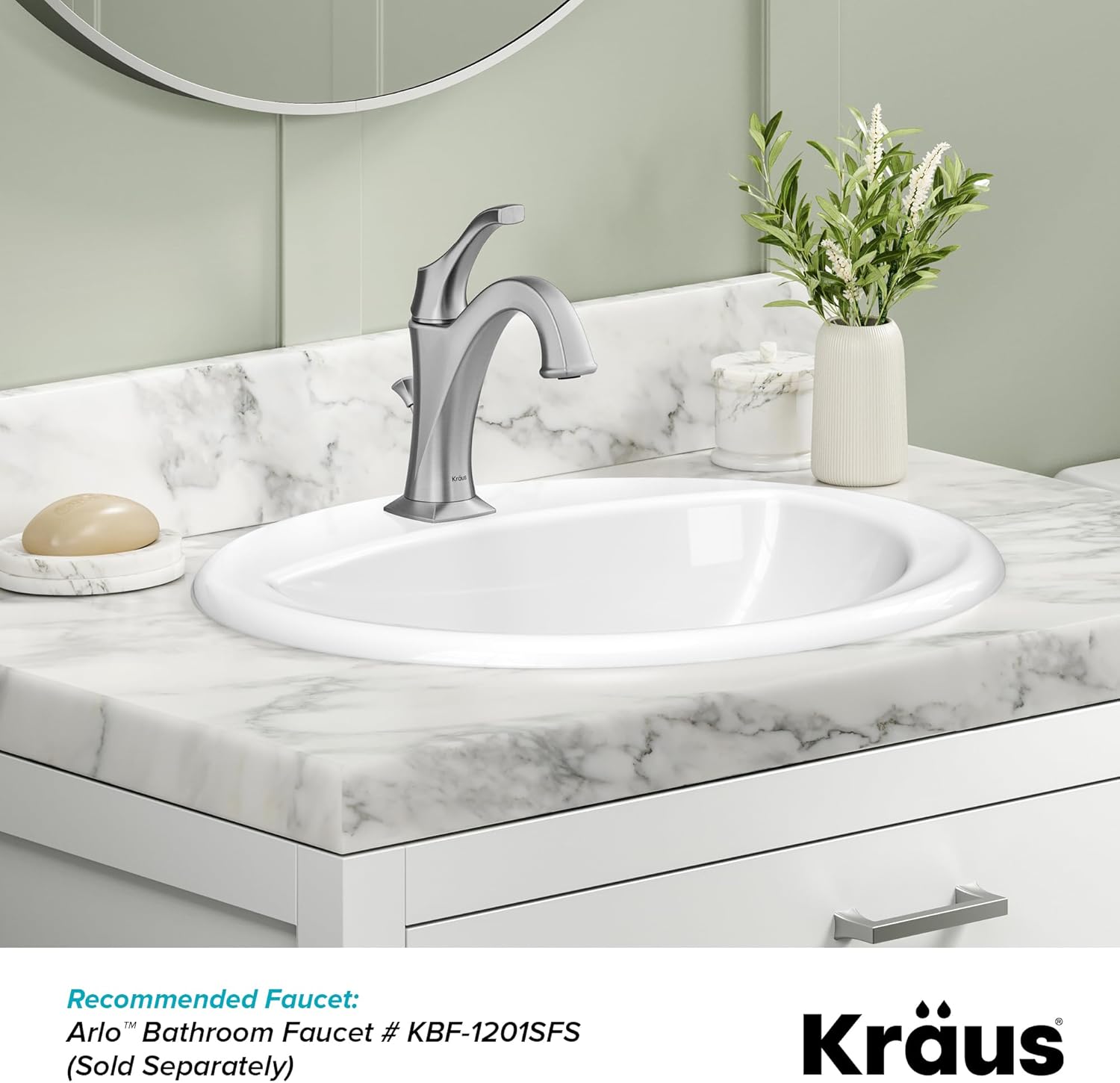 KRAUS Elavo 20.5 in. Oval Porcelain Ceramic Self-Rimming Drop In Bathroom Sink in White with Overflow Drain, KCT-100