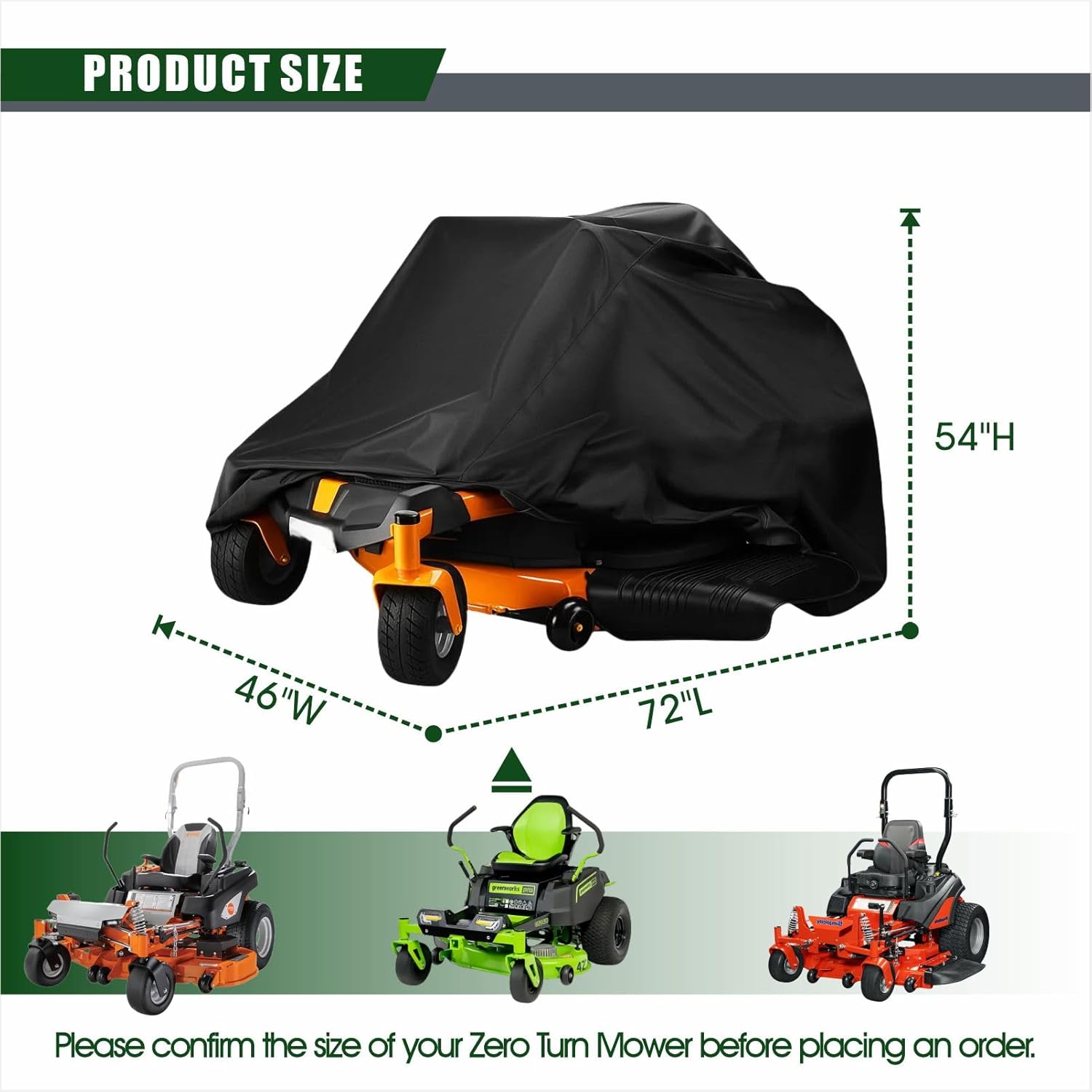 Zero-Turn Mower Cover, Lawn Tractors Protector for Decks Up to 60", 420D Waterproof Anti-UV, 72"Lx54"Wx46"H