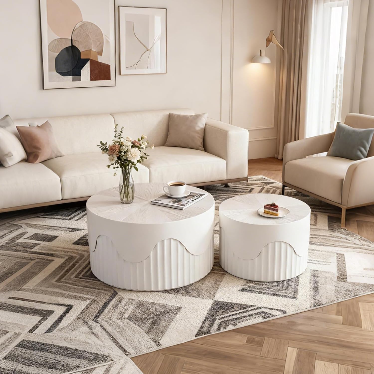 Fluted Round Coffee Table Set of 2, Modern Wood Nesting Coffee Tables, Unique End Tables Set Accent Furniture for Living Room, Bedroom, Small Spaces (26.77"+19.69" White)