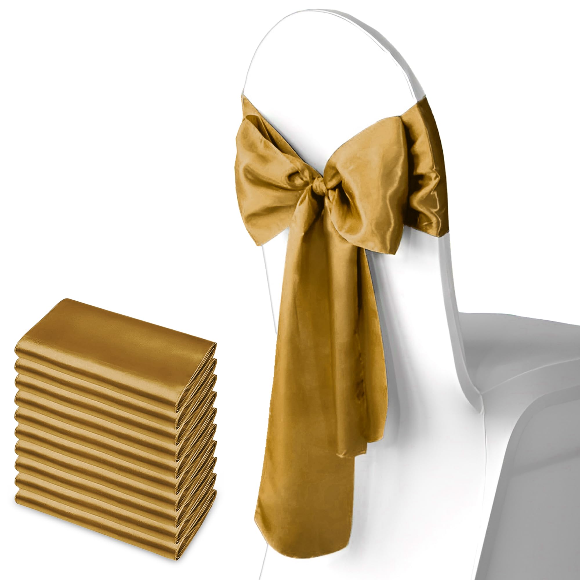 Trimming Shop Gold Satin Chair Sash Wider Fuller Bows Chair Sashes Hammed Edges Bow Back Tie for Wedding Birthday Party Banquet Event Decoration, 10pcs
