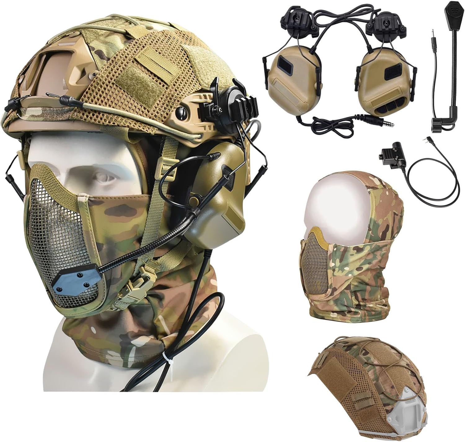 Airsoft Tactical Fast Helmet with Tactical Communication Headset Noise-Canceling/ U94 PTT Adapter/Microphone Set，Tactical Full Face Mask Headgear for Outdoor Sports CS Game