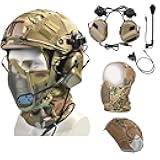 Airsoft Tactical Fast Helmet with Tactical Communication Headset Noise-Canceling/ U94 PTT Adapter/Microphone Set，Tactical Full Face Mask Headgear for Outdoor Sports CS Game
