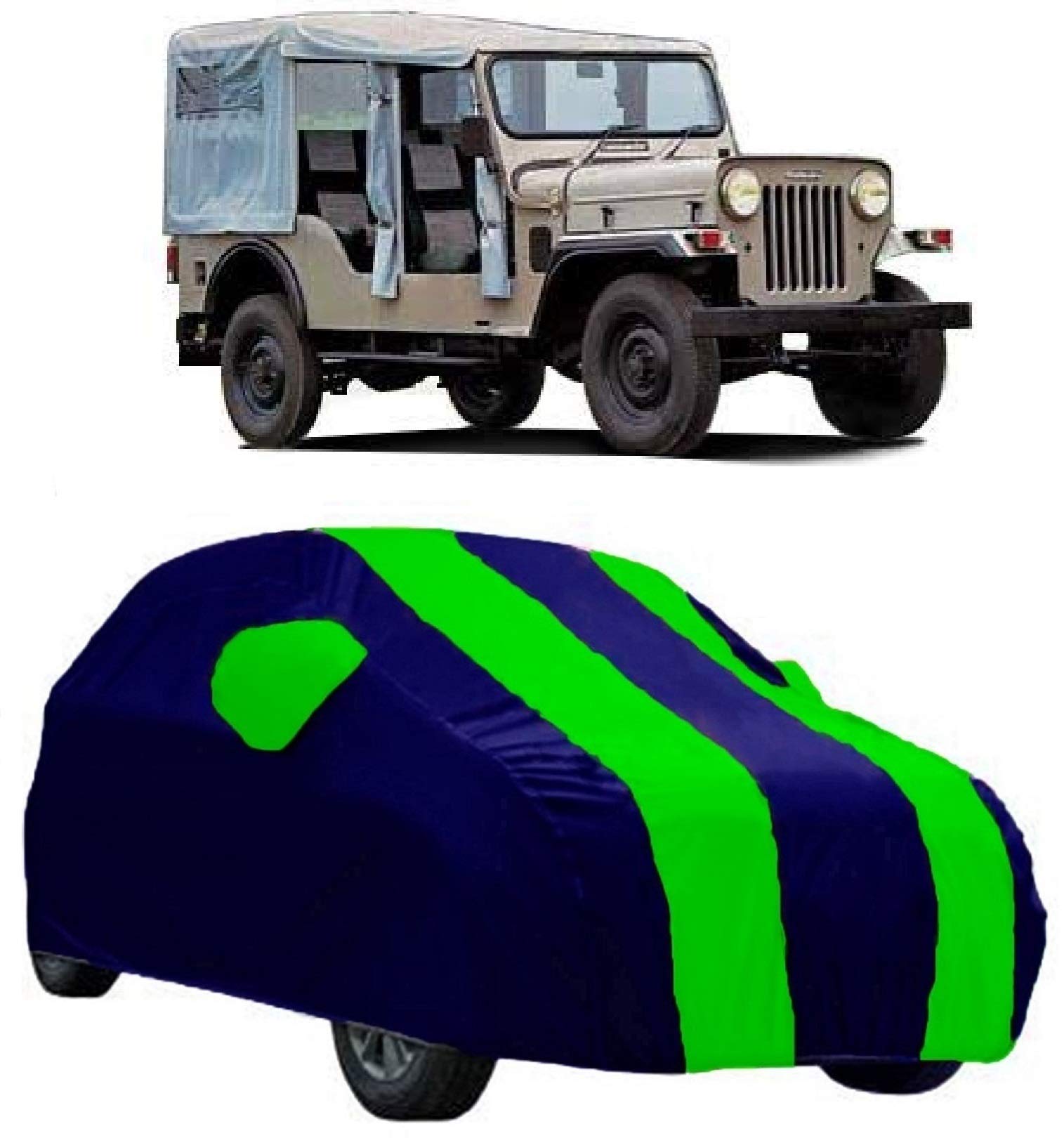 AutoKick Water Resistant All Weather Sun UV Rain Dust Protection for Indoor/Outdoor Car Body Cover Suitable for Mahindra Commander (Two Side Mirror Pocket, Neongreen/Blue)