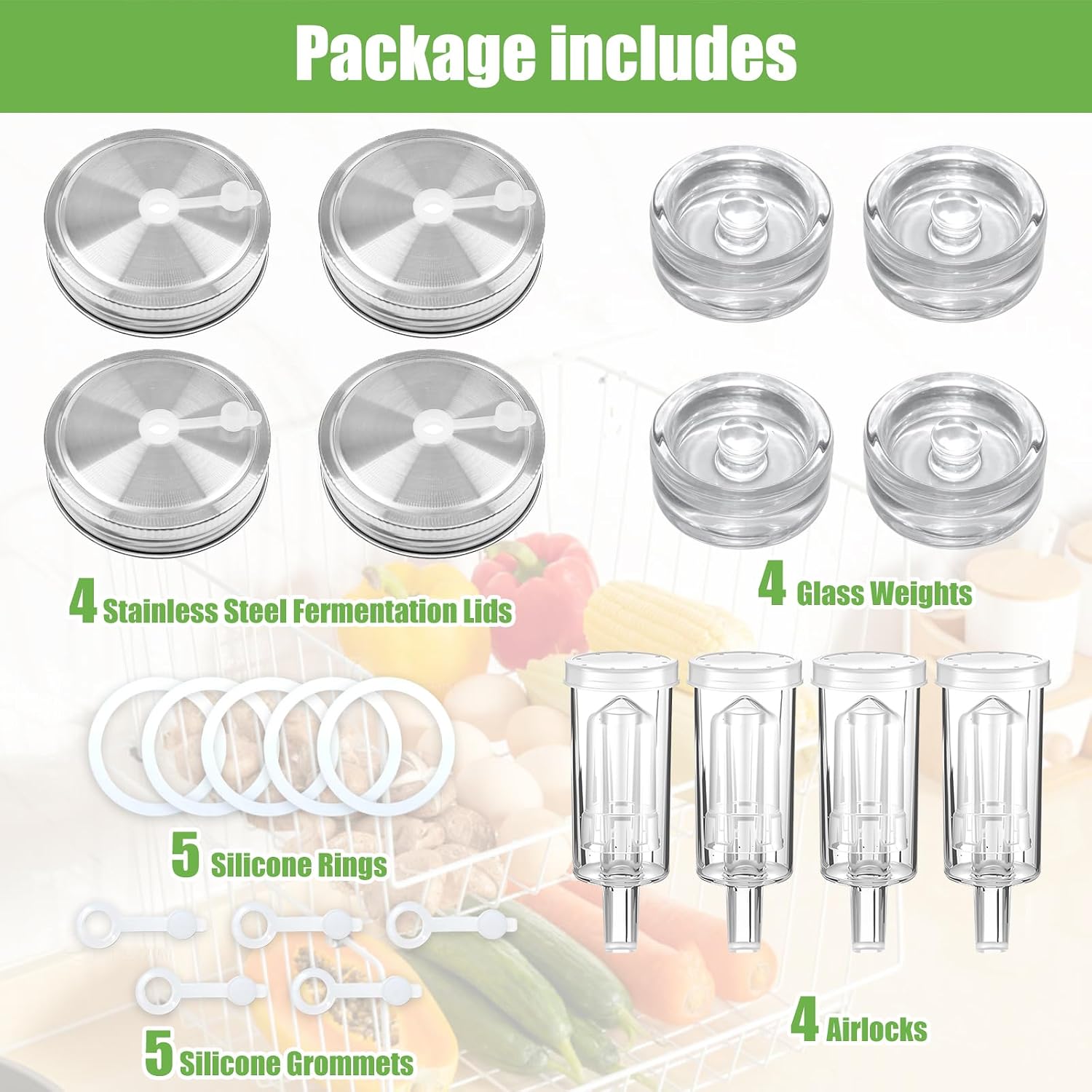 Fermentation Kit for Fermentation Tanks (Tank Not Included) / Includes Pickling: 4 glass fermentation weights 4 fermentation lids 4 airlocks 5 silicone sealing rings 5 silicone gaskets