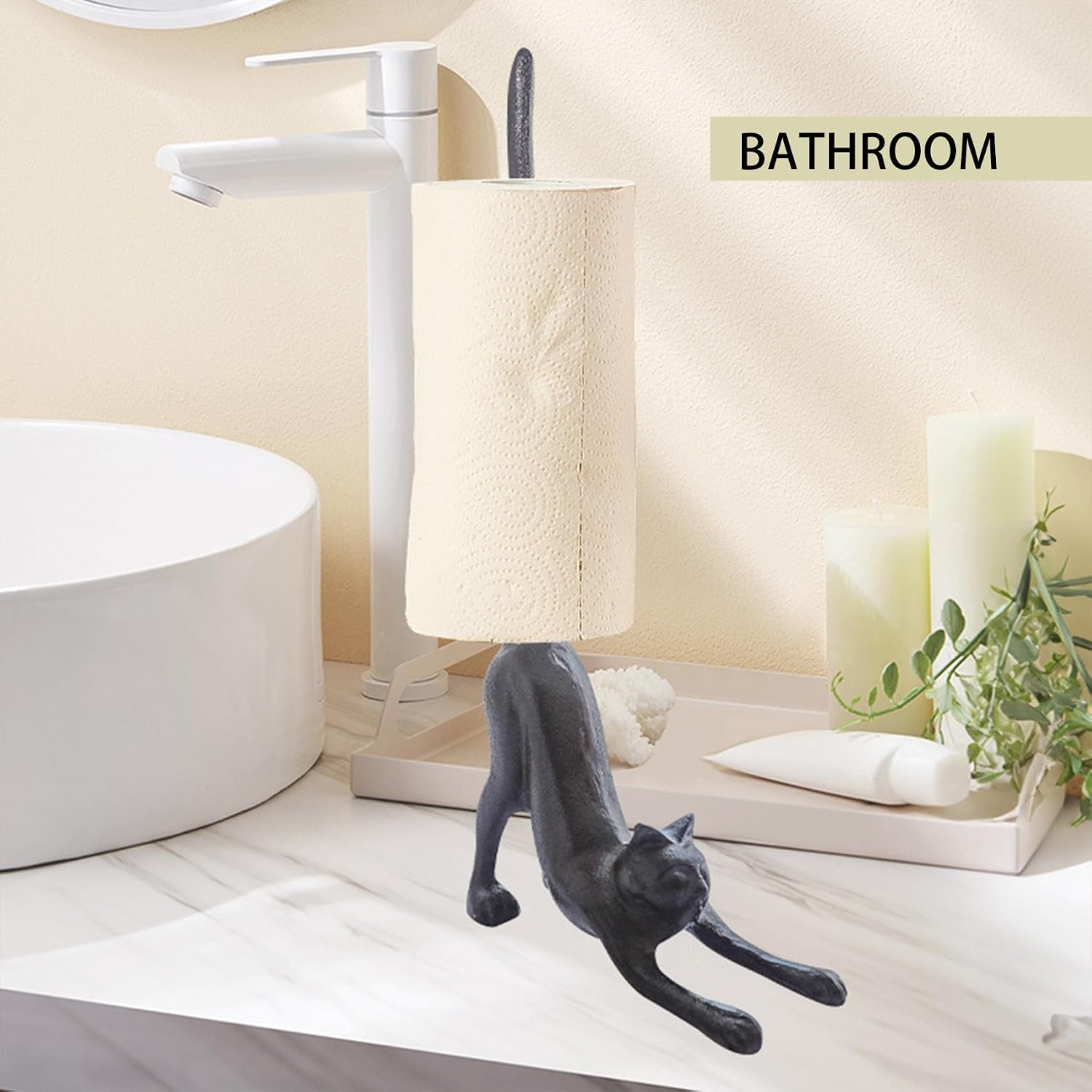 Cat Paper Towel Holder 17'' Cast Iron Paper Towel Holder Funny Toilet Paper Holder for The Floor or Counter in The Kitchen or Bathroom Bronze Rustic