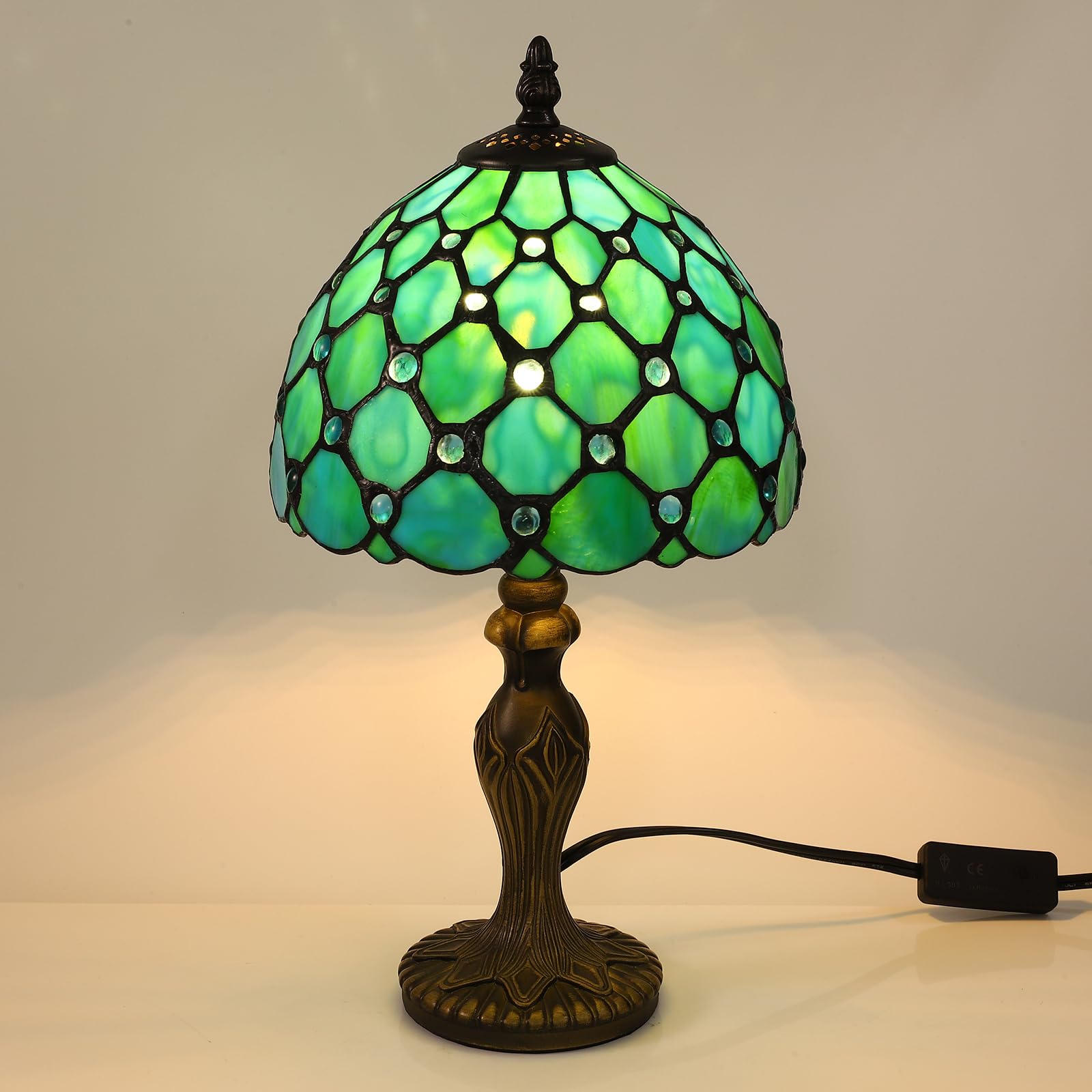 Tiffany Tischlampe, Retro Lampe, Kleine Vintage Nachttischlampe, Deko Tischleuchte, Blau Blumen Muster, Handcraft Bunte Glas Lampenschirm, Mit E27 LED Glühbirne, für Schlafzimmer Wohnzimmer Büro