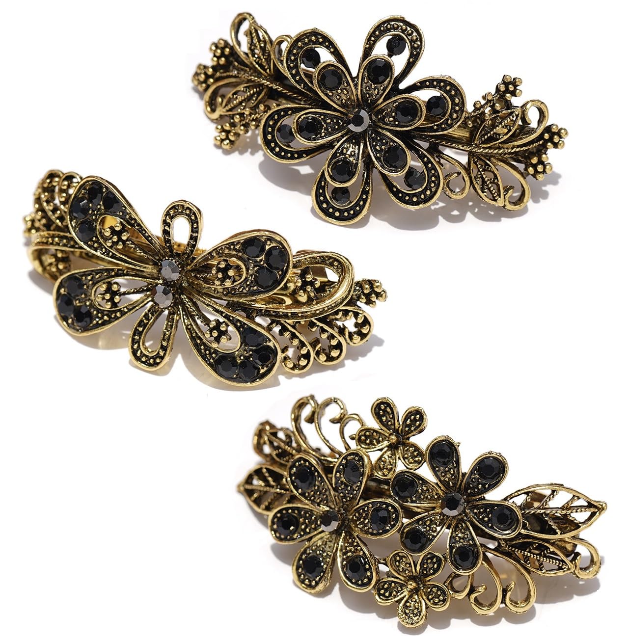 Retro Floral Hair Barrettes for Women, Set of 3, Vintage Small Hair Clips Antique Gold Tone Hair Pieces