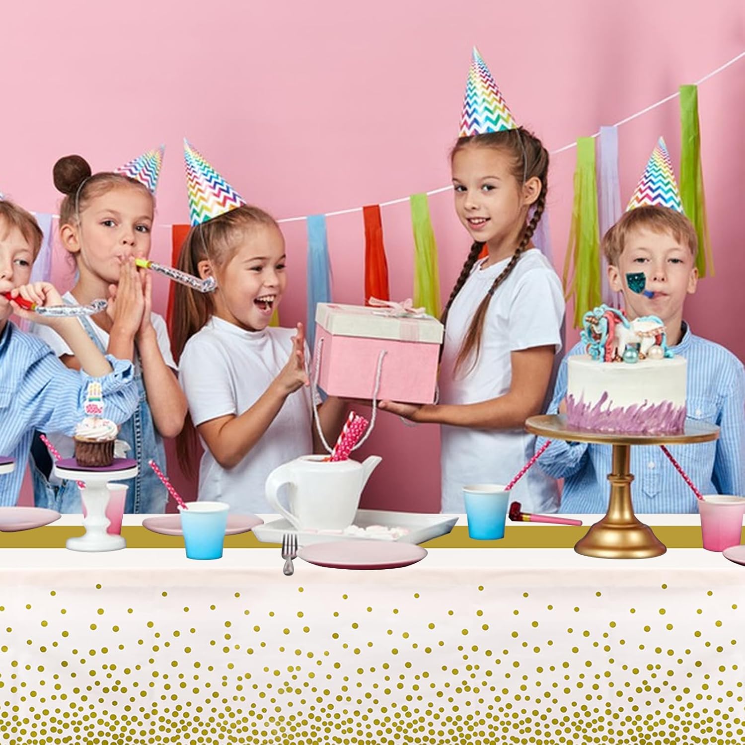 3 Pack White and Gold Plastic Tablecloth, 54 inch x108 inch Rectangular Disposable Table Cover for Graduation Party, New Years Decorations, Restaurant, Birthdays Decoration, Wedding Party - Image 3