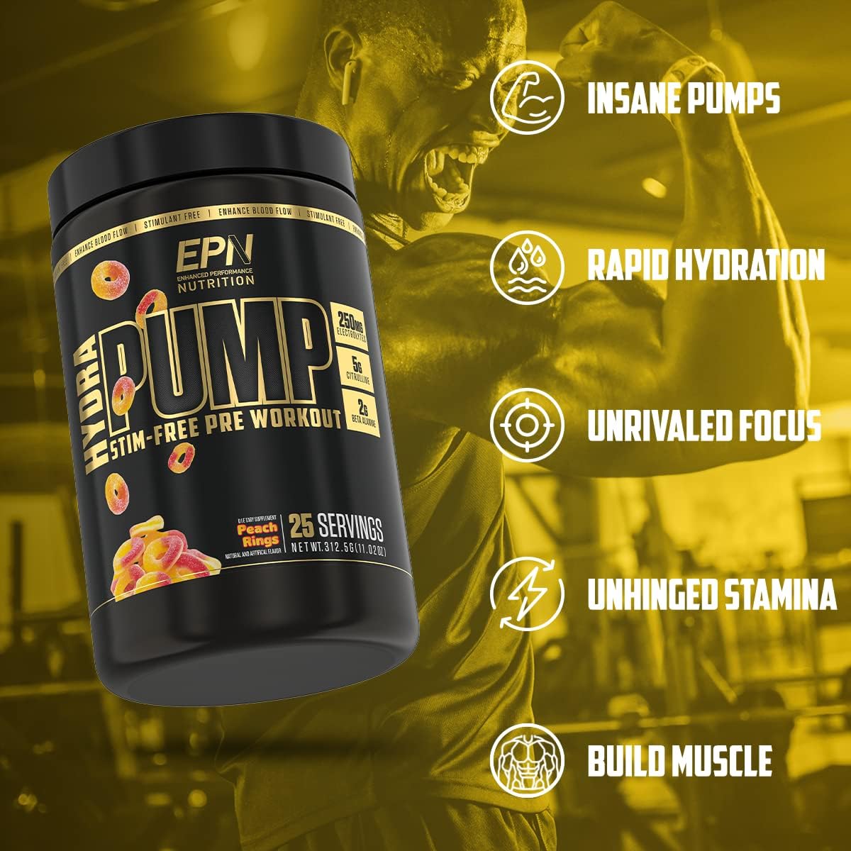 HydraPump | #1 New Stim Free Pre Workout Powder w/ Nitric Oxide Booster, Electrolytes & Nootropics | Pumps, Focus, Stamina, Muscle Growth, Hydration, Caffeine Free & Non Stimulant - Peach Rings