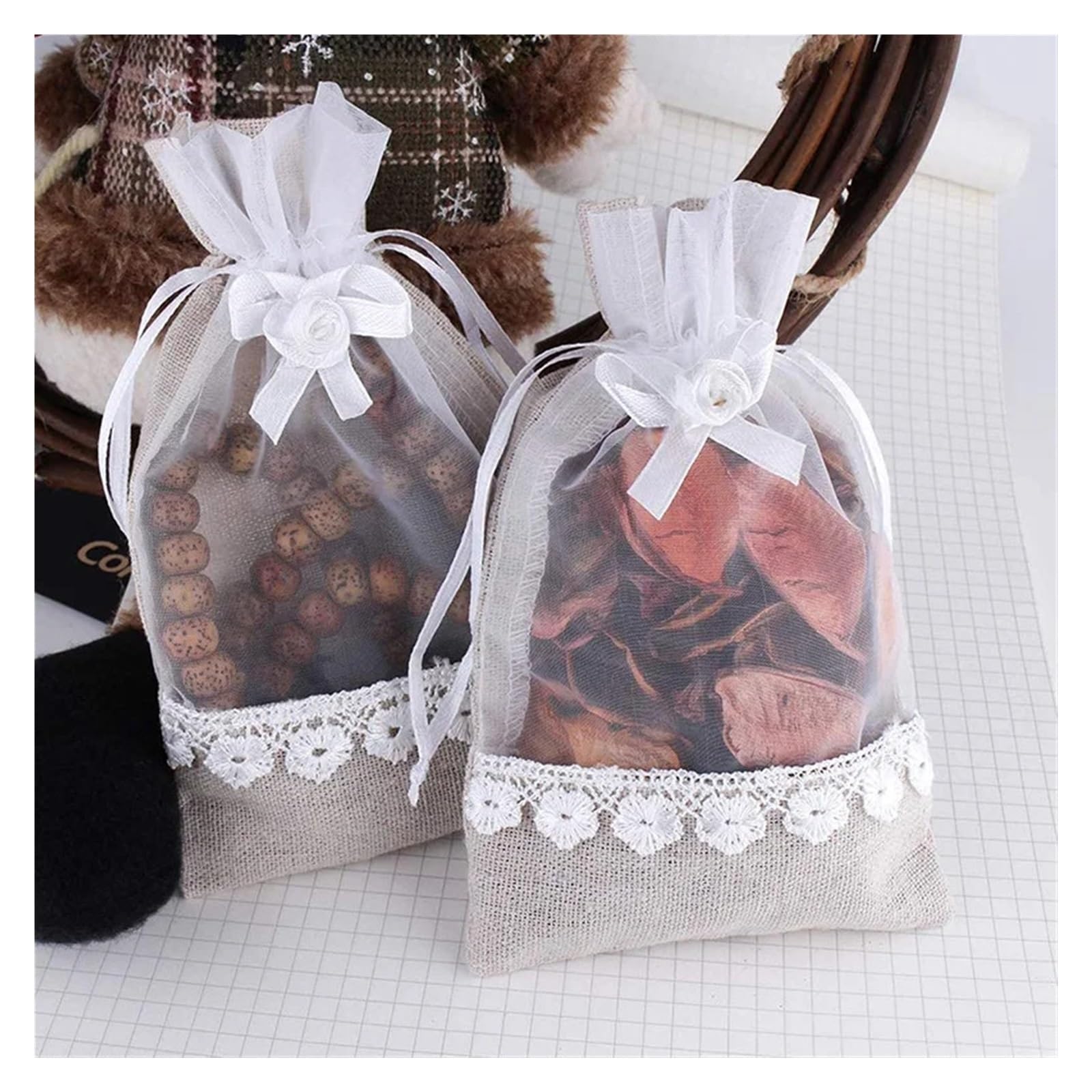 Sacs en toile de Jute à cordon décorés avec nœud en dentelle, sacs cadeaux en Organza de Jute for fête et mariage, 5 pièces, 10 pièces, 20 pièces(20pcs,10x15cm)