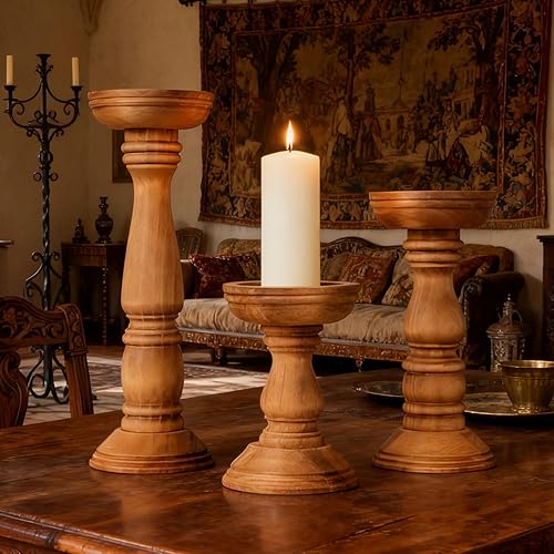 Miniatura 2 de Juego de 3 portavelas de pilar, portavelas de madera rústica con acabado de nogal, diferentes alturas, portavelas de pilar de madera para chimenea,