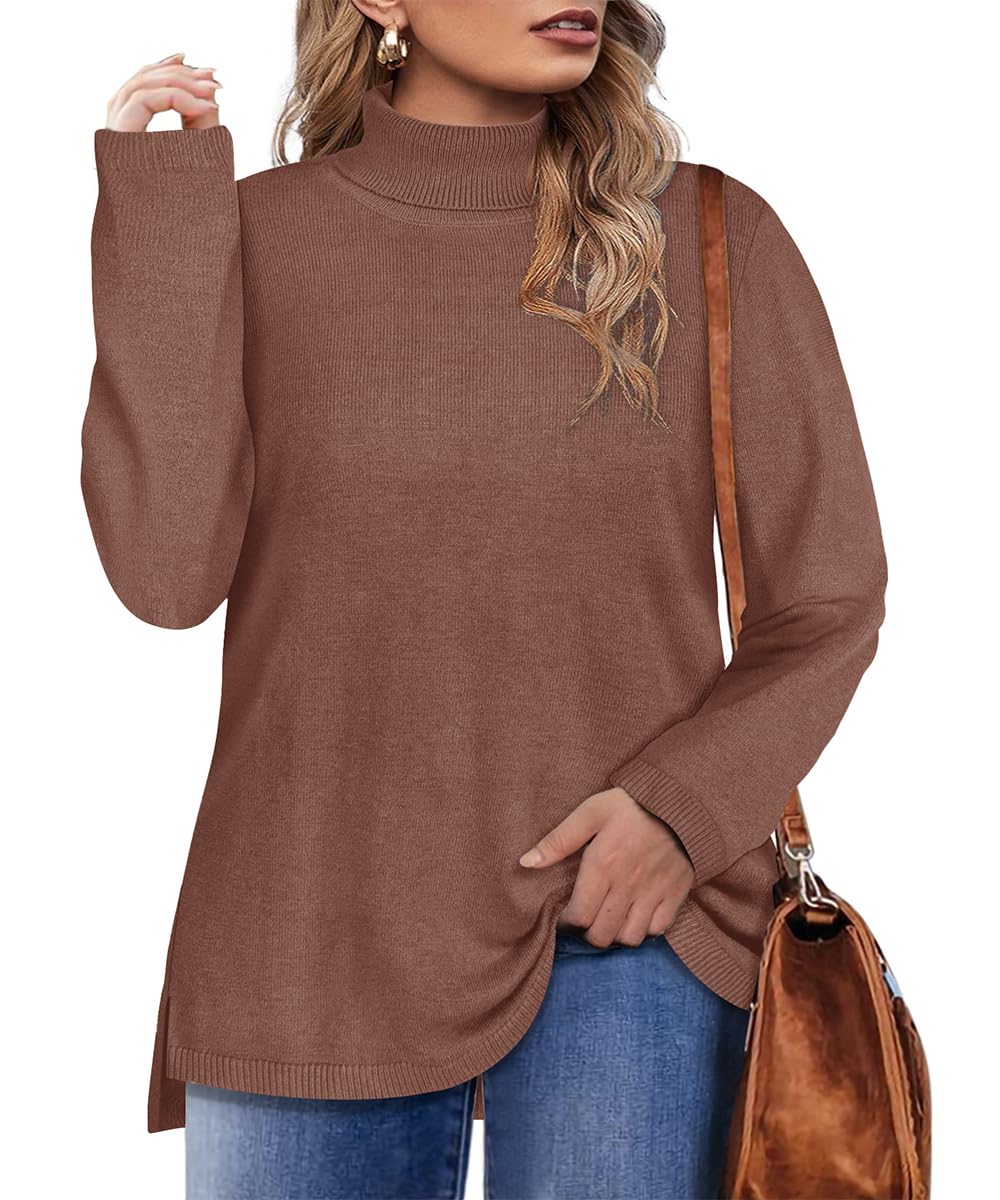 CARCOS Plus Size Sweaters for Women Solid Turtleneck Sweater Long Sleeve Pullover Tops Casual Split Hem Knit Shirts