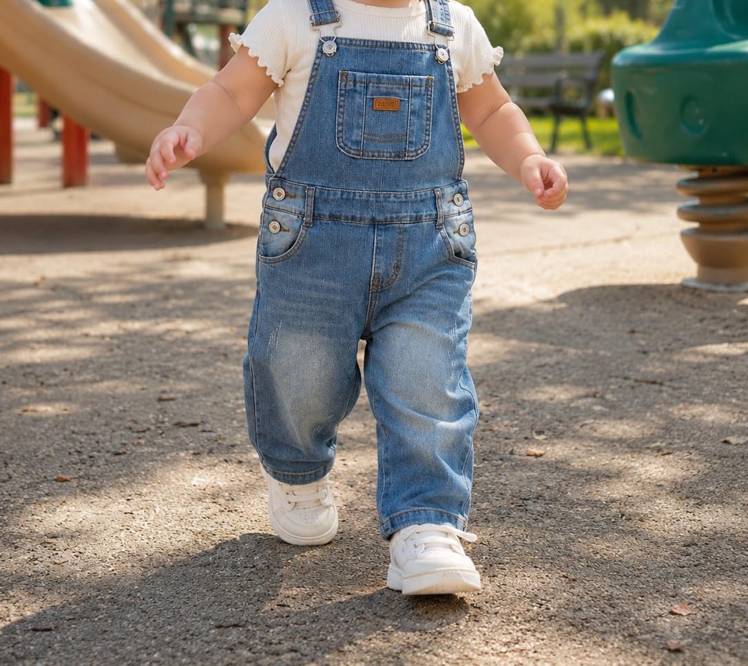 KIDSCOOL Toddler Girls Ripped Denim Overalls Leather Patch Jeans Jumpsuit