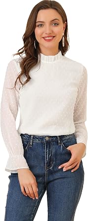 Allegra K Women's Swiss Dots Tops Solid Semi-Sheer Long Sleeve Ruffle Mock Neck Chiffon Blouse White XS-4