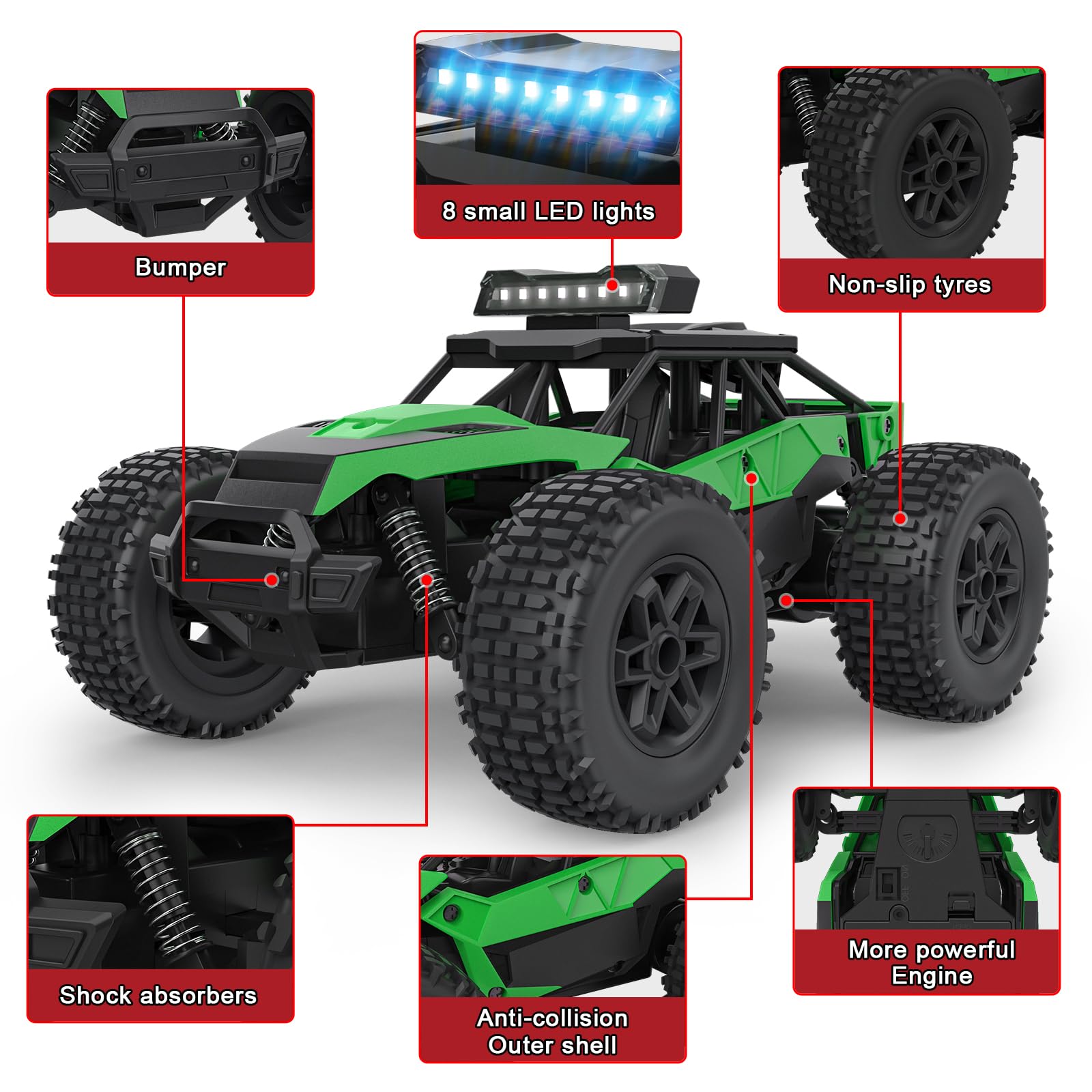 Voiture Télécommandée Tout Terrain, 1:20 Voiture de Course Radiocommandée 2.4Ghz RC Camion Telecommande Rechargeable Monster Truck Jouet Garçon Jeu Extérieur Intérieur Cadeau Enfant 6 À 14 Ans