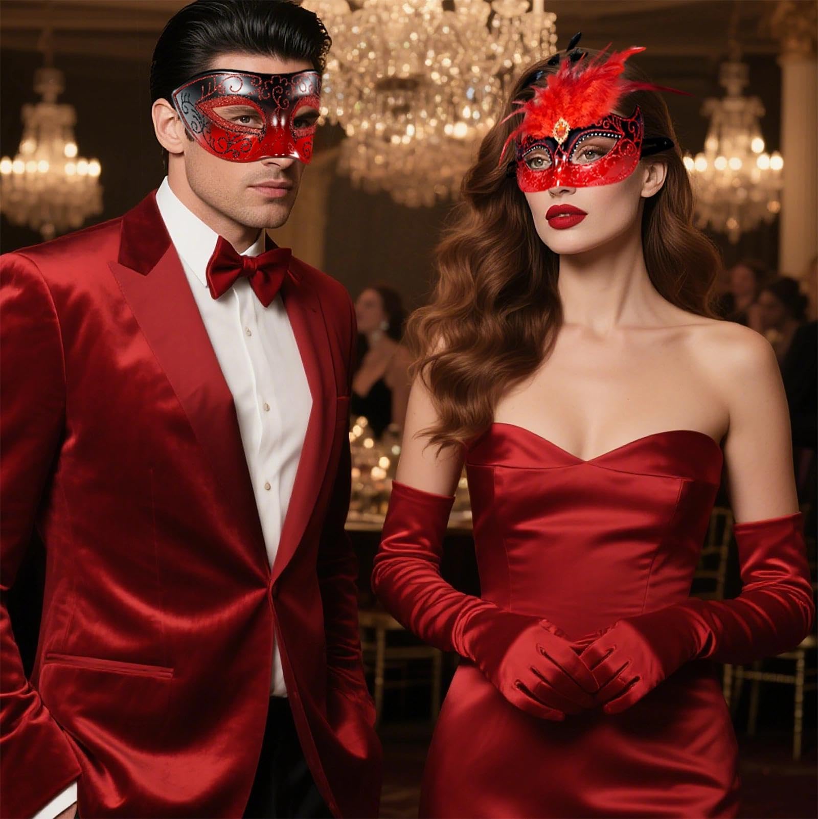 MYSEUNI 2025 Masquerade Venetian Mask Couples with Feathers - Image 3