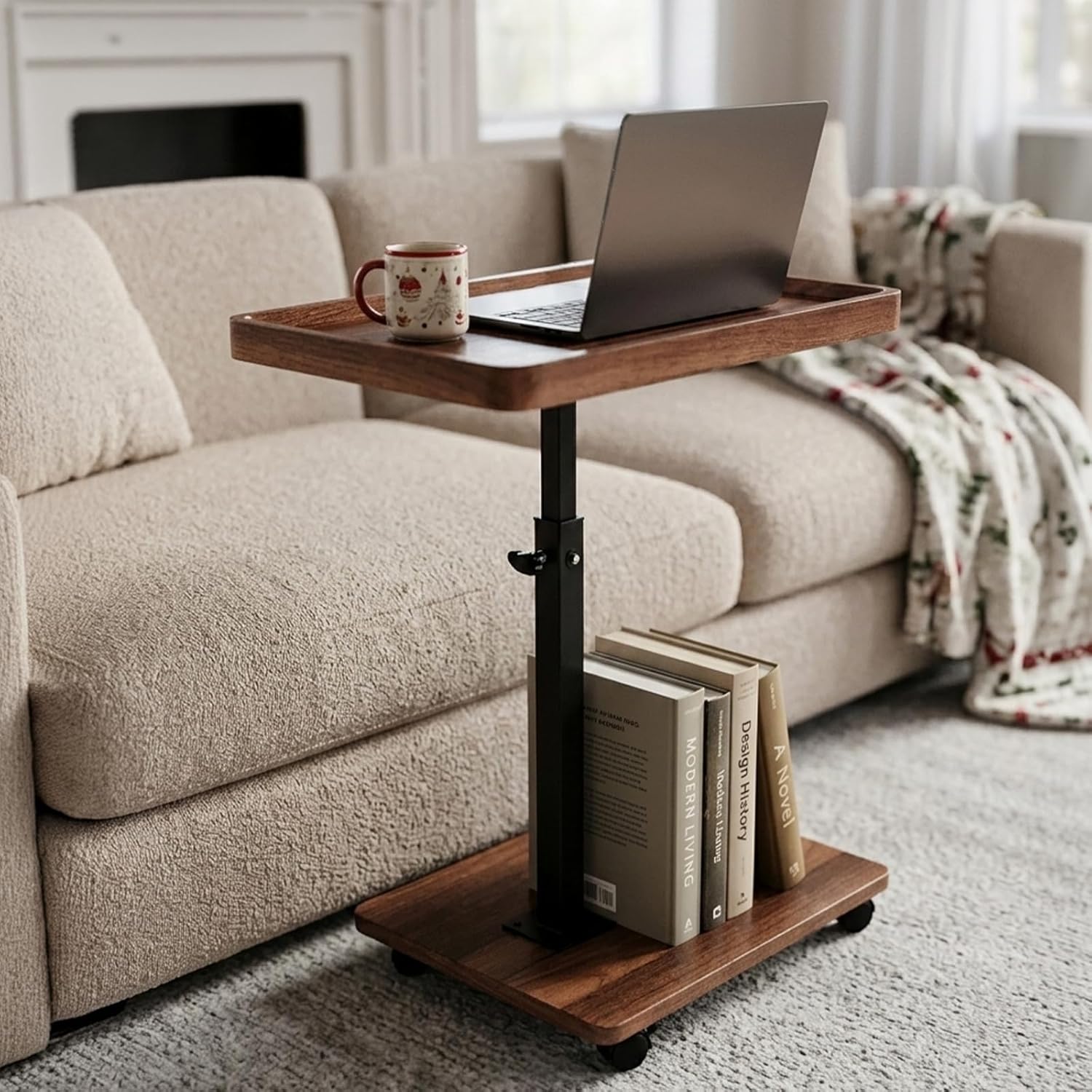 C Table End Table Adjustable Height, 360° Swivel Laptop Desk TV Tray with Wheels, C Shaped Side Tables Living Room and Bedroom for Sofa, Couch Tables for Small Spaces, That Slide Under