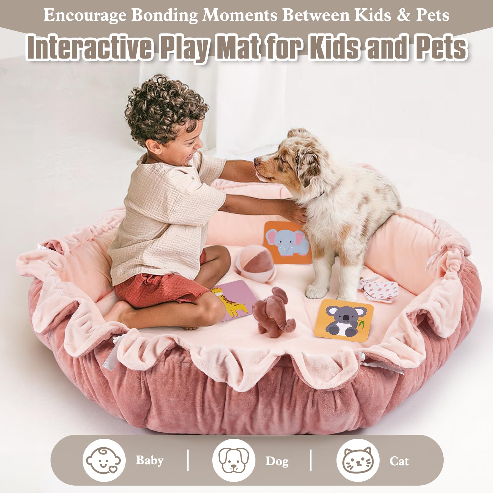 5-in-1 Plush Baby Play Gym, Baby Play Mats, Convertible Baby Gym with Pillow, Tummy time mat, 6 Sensory Toys, Baby Activity Center from Newborn to Toddler, Pet Bed, Cat & Dog Bed, Ball Pit, Pink