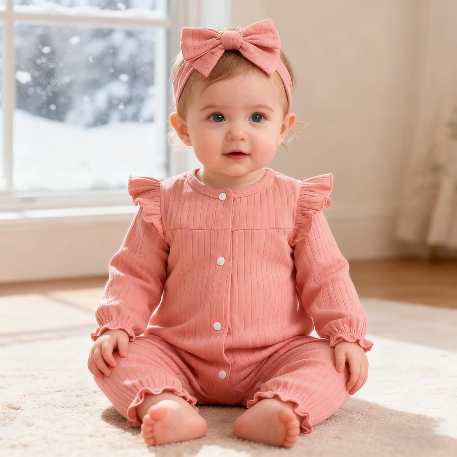 Newborn Baby Girl Fall Winter Romper Long Sleeves Ribbed One-Piece Outfits with Headband Coming Home Jumpsuit - Image 6
