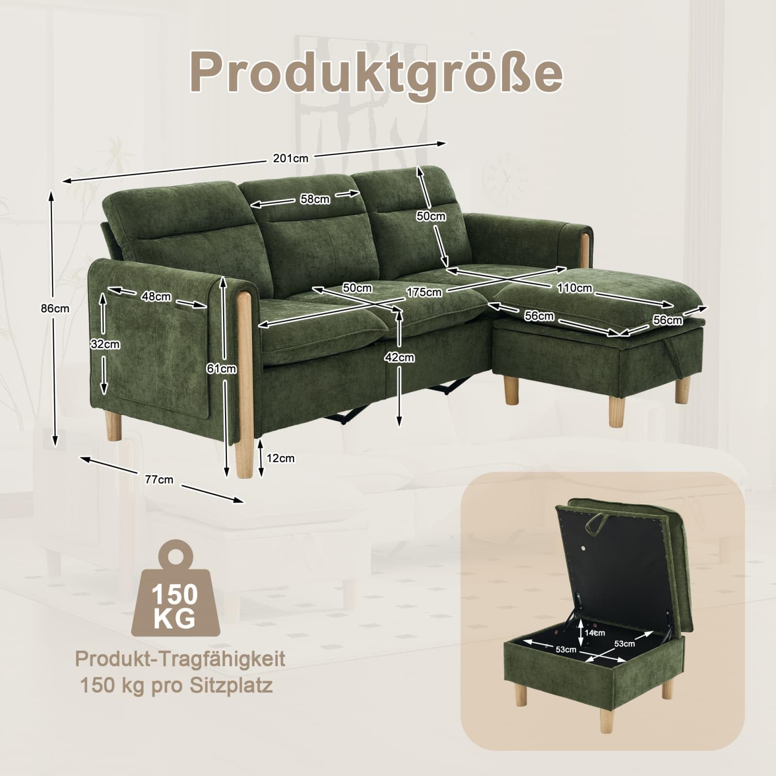 EURHCIO Canapé d'angle en L,canapé 3 Places avec 1 Pouf Rangement (Vert-3)