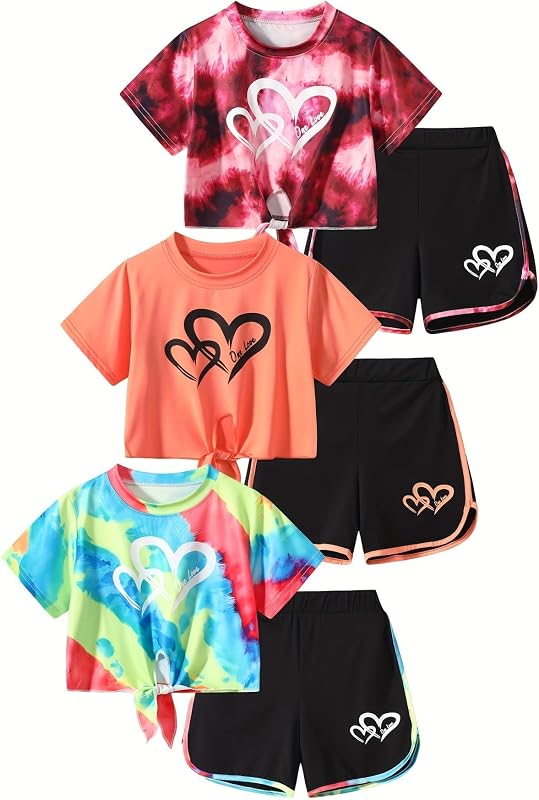 6 Pcs Girls Summer Outfits Tee and Dolphin Shorts Set 4-14Y | Soft Breathable Fabric, Elastic Waist Dolphin Shorts, Comfortable for Summer Wear, Fits Girls 4-12 Years.