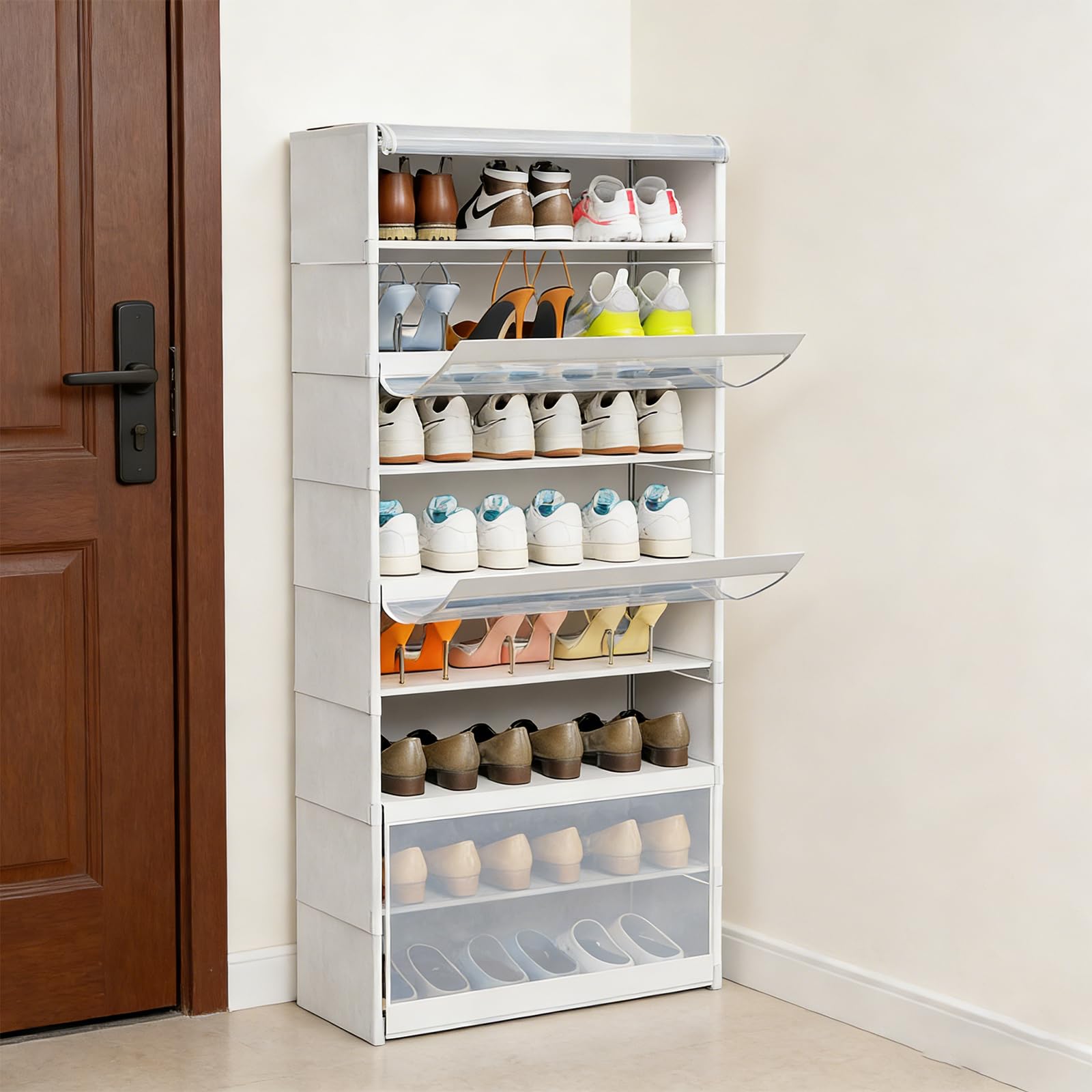 Belfoyer Shoe Rack Cabinet, 8-Tier Large Capacity Storage for Entryway & Bedroom, Dustproof Transparent Doors with Steel Frame, Modular Storage Organiser Unit, 64x30x139cm White