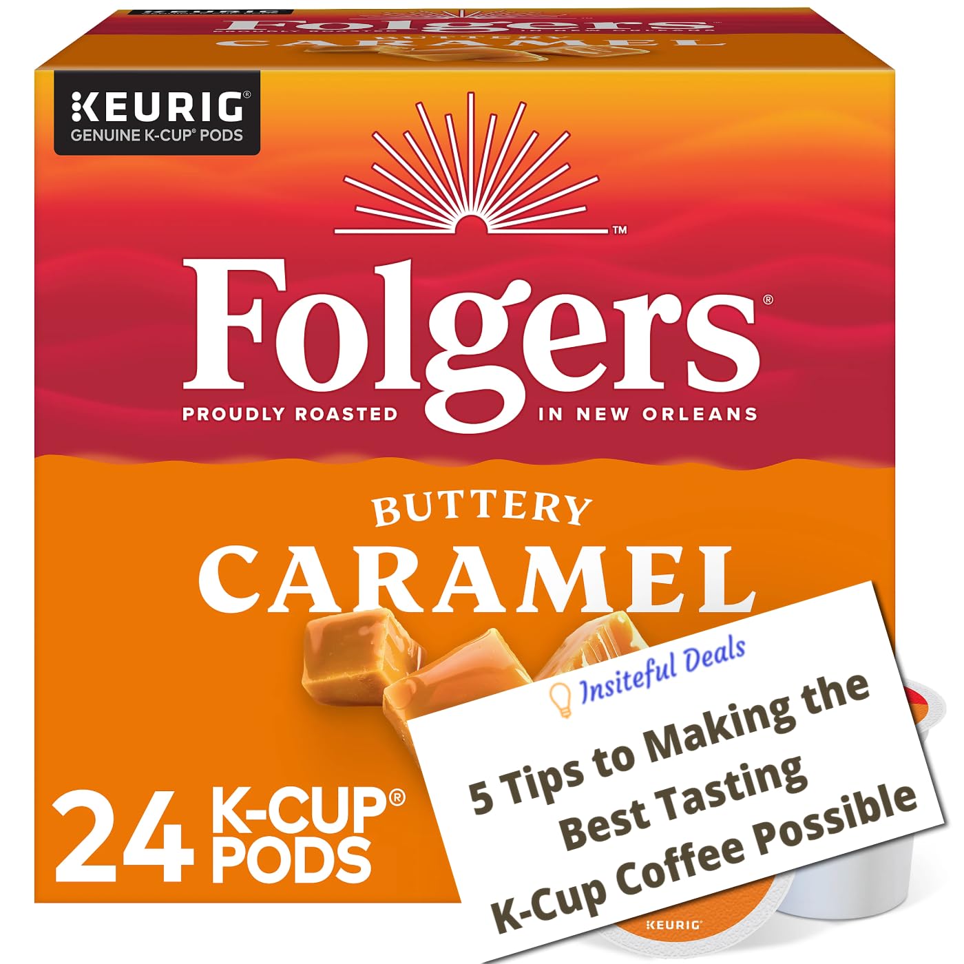 Folgers Buttery Caramel Coffee K Cups & K Cup Coffee Pods Brewing Tips Card Bundle - Single-Serve Dark Roast KCups for Keurig Brewers - 1 box 24 count (ct) pods + Bonus Tips Card - 5 Tips for Making the Best Tasting K-cup Coffee Possible - Exclusively from Insiteful Deals