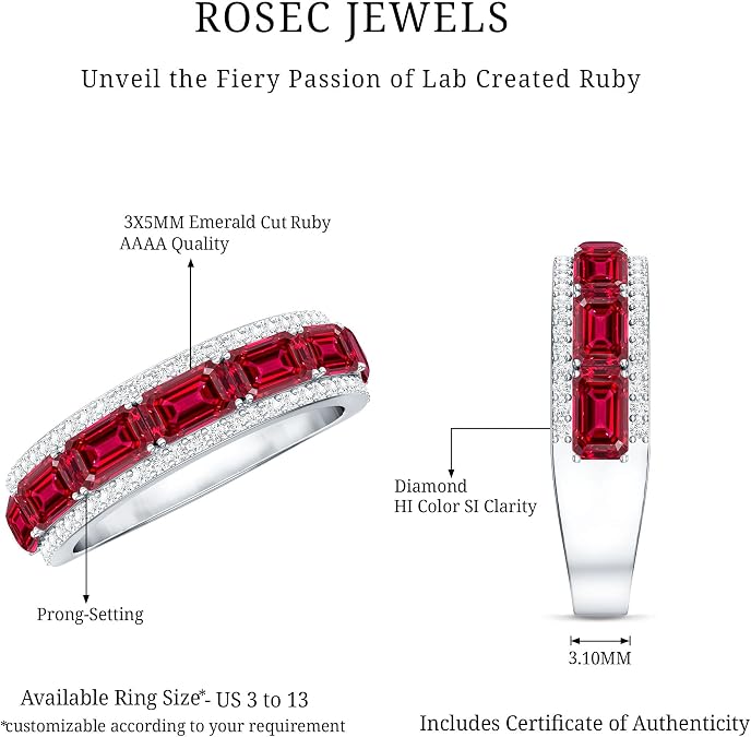 Certified Lab Grown Ruby Emerald Cut Eternity Ring, Aaaa Quality, Ruby Diamond Anniversary Band (Ideal For Gift)