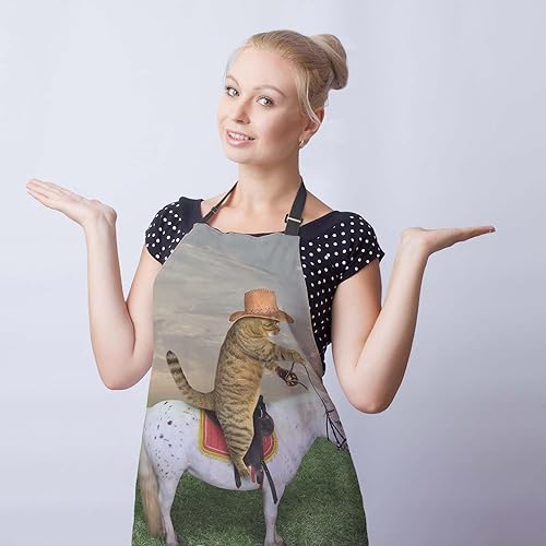 Vista 3 de Delantales de cocina para mujeres, el gato vaquero en un caballo, delantal de cocina para cocinar, restaurante, barbacoa, pintura, manualidades
