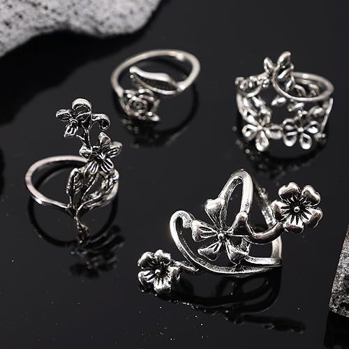 Miniatura 4 de Juego de 4 anillos de dedo tallados antiguos punk, con diseño de hojas de vid, diseño de hojas de bosque, anillos bohemios para hombres, regalos de