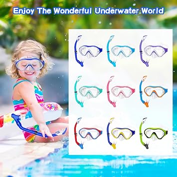 Snorkeling Gear for Kids with Foldable Silicone Full Dry Snorkel, Kids Snorkel Set Anti Leak Youth Junior Snorkeling Package Diving Mask Soft Tube with Mesh Bag Swimming Goggles