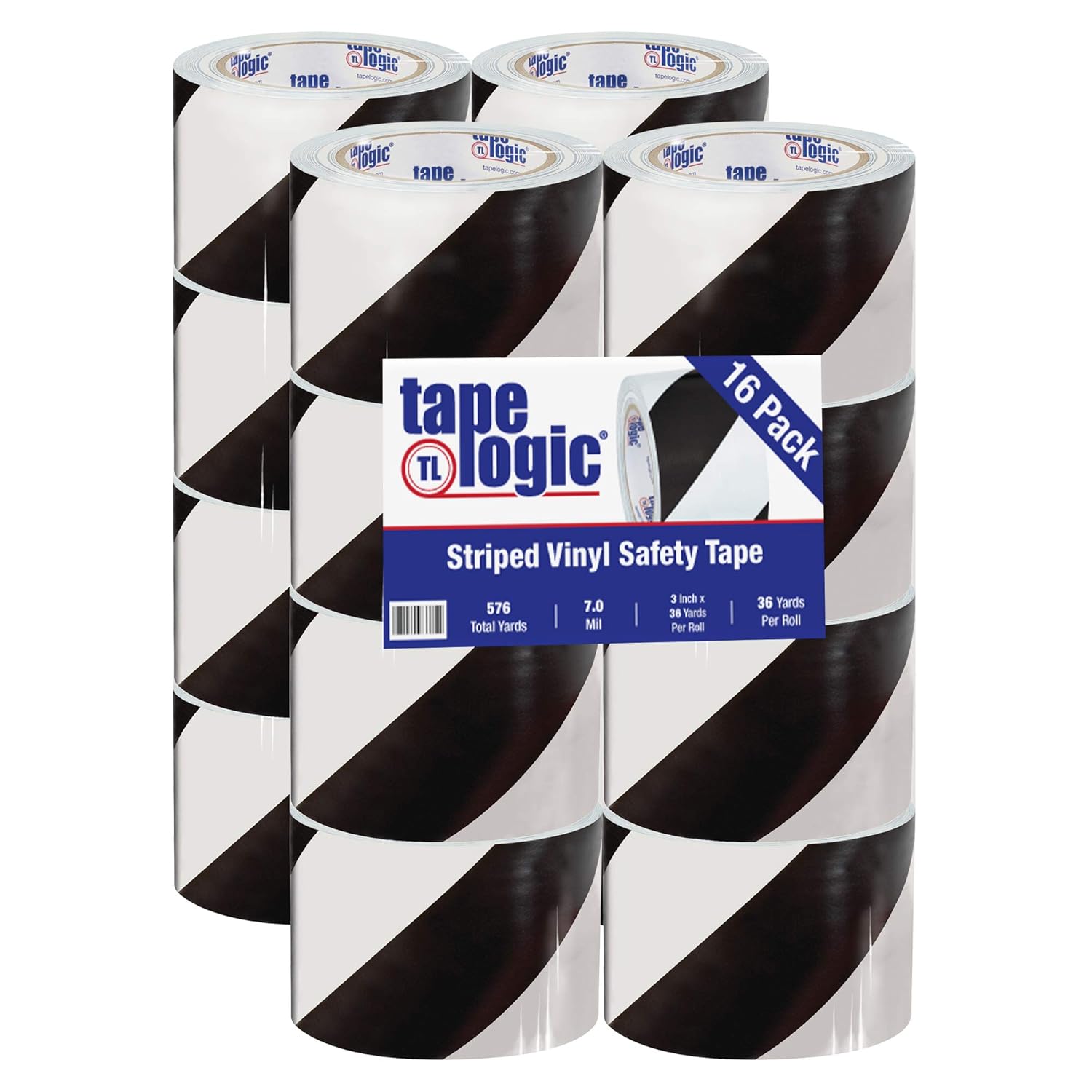 Tape Logic (16 Pack) 3 Inch x 36 Yards, Multipurpose Striped Vinyl Safety Tape, Black/White, Heavy-Duty 7 Mil Thick - Moisture/Grease Resistant, Floor Marking and Social Distancing