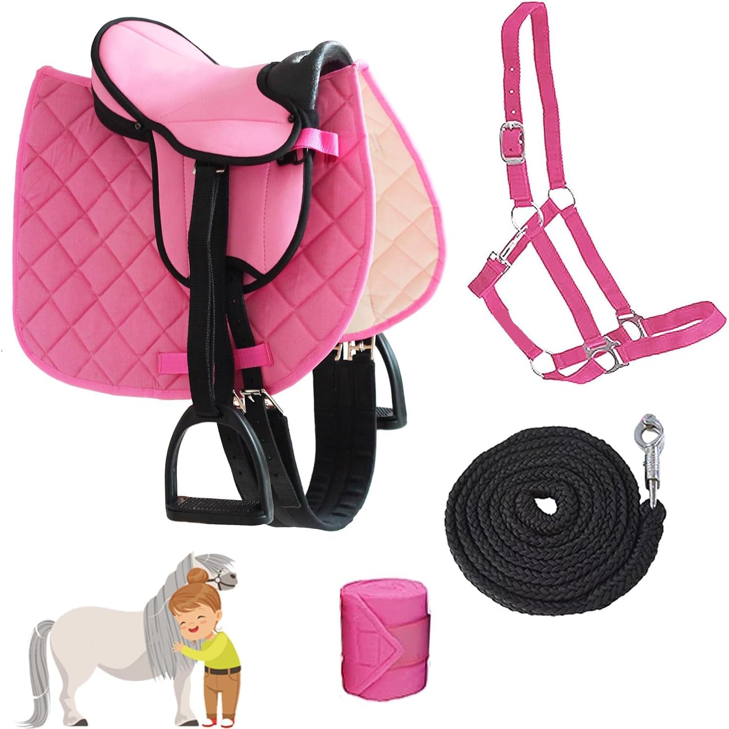 My Sweet Pony® Kinder Shettysattel-Set Bella Rose + Halfter + Führstrick + Bandagen | Sattel für Pony Shetty und Holzpferd | Alles enthalten | kompletter Sattel | Ideal für erste Reitversuche