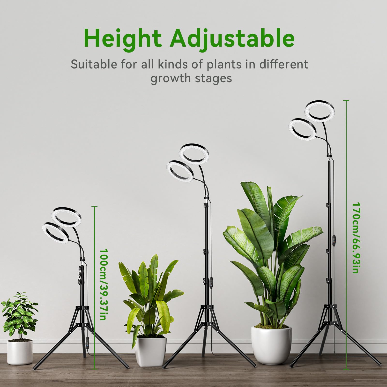 luz crecimiento plantas interior con LED,Lámpara de cultivo con soporte,3 modos, 10 brillos100-170 cm Ajustes del temporizador de 3/9/12 horas Cabezal de lámpara ajustable en 360°