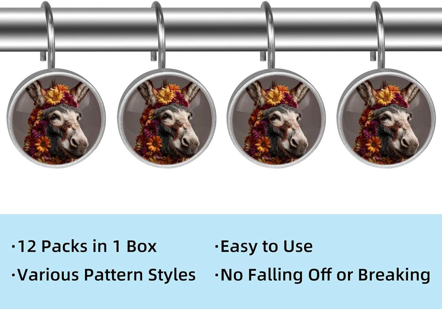 Set of 12 Shower Curtain Hooks, Shower Curtain Rings Crystal Glass Decorative Bathroom Hook, Funny Donkey Flower