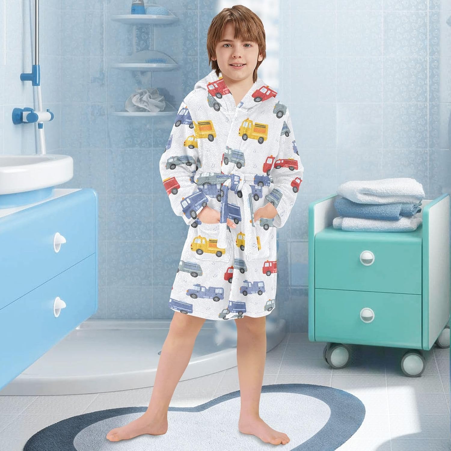 Colorful Cartoon Fire Trucks Toddler Hooded Bathrobe for Boys Girls Soft Plush Bath Towel Robe 2-12 Years