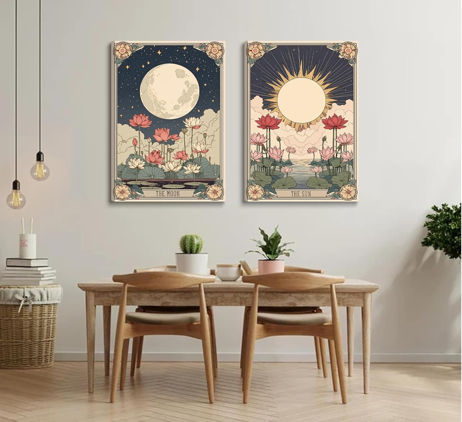 2Pcs Framed Tarot Card Canvas Wall Art Moon Sun Flowers Mystical Astrology Posters Print Boho Vintage Pictures Wall Decor for Bedroom Bathroom Living Room Home Decoration