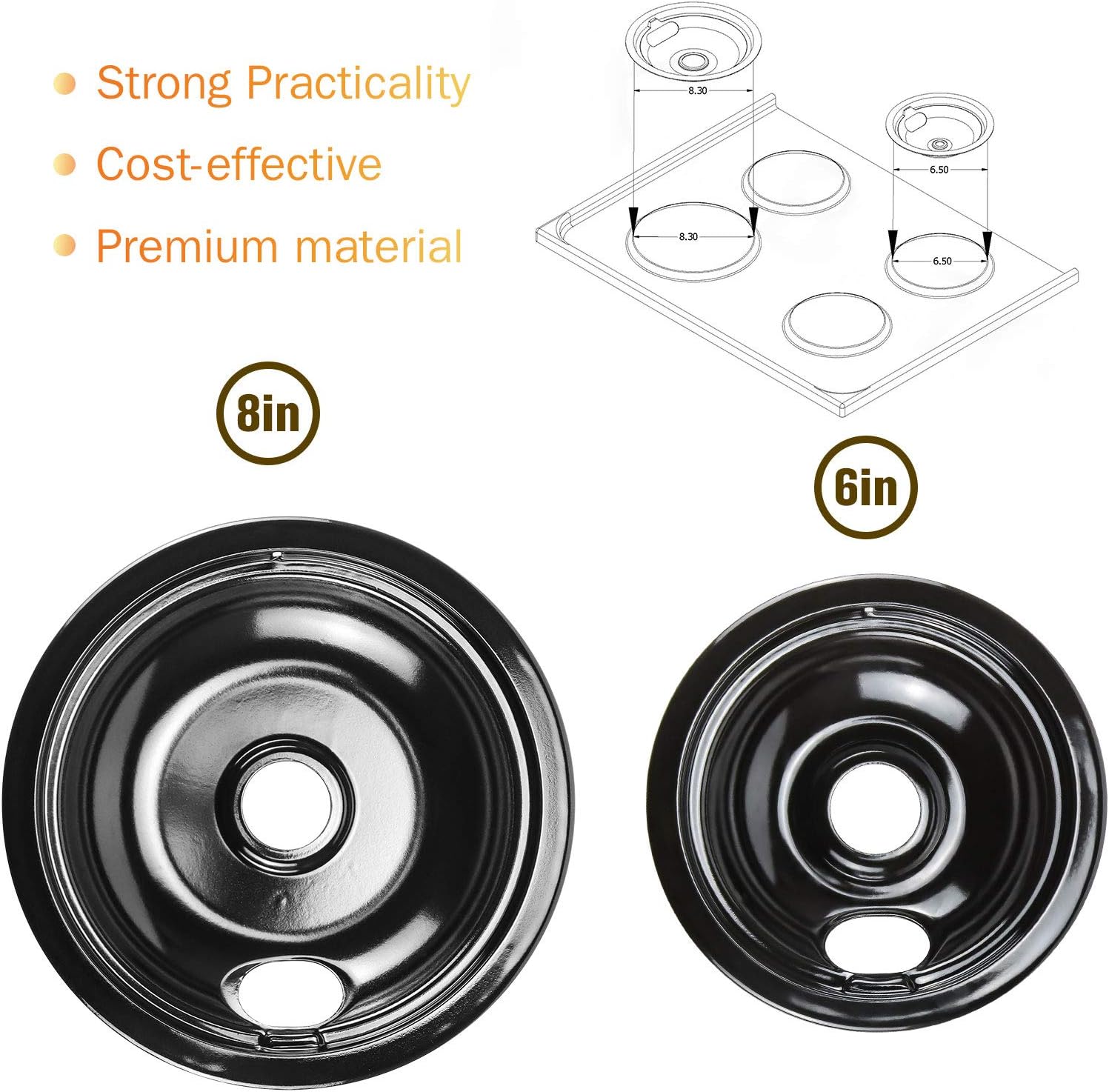 APPLIANCEMATES Black Porcelain Drip Pans Set 4-Pack 318067041 & 318067051 Replacement for Frigidaire Electric Range Stove Burner 5304430149, 5304430150 Includes 2 Large 2 Small (6 Inch and 8 Inch) thumbnail