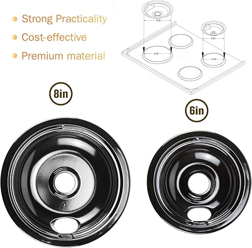 Miniatura 5 de APPLIANCEMATES Juego de 4 bandejas de goteo de porcelana negra, 318067041 y 318067051, repuesto para quemador de estufa eléctrica Frigidaire