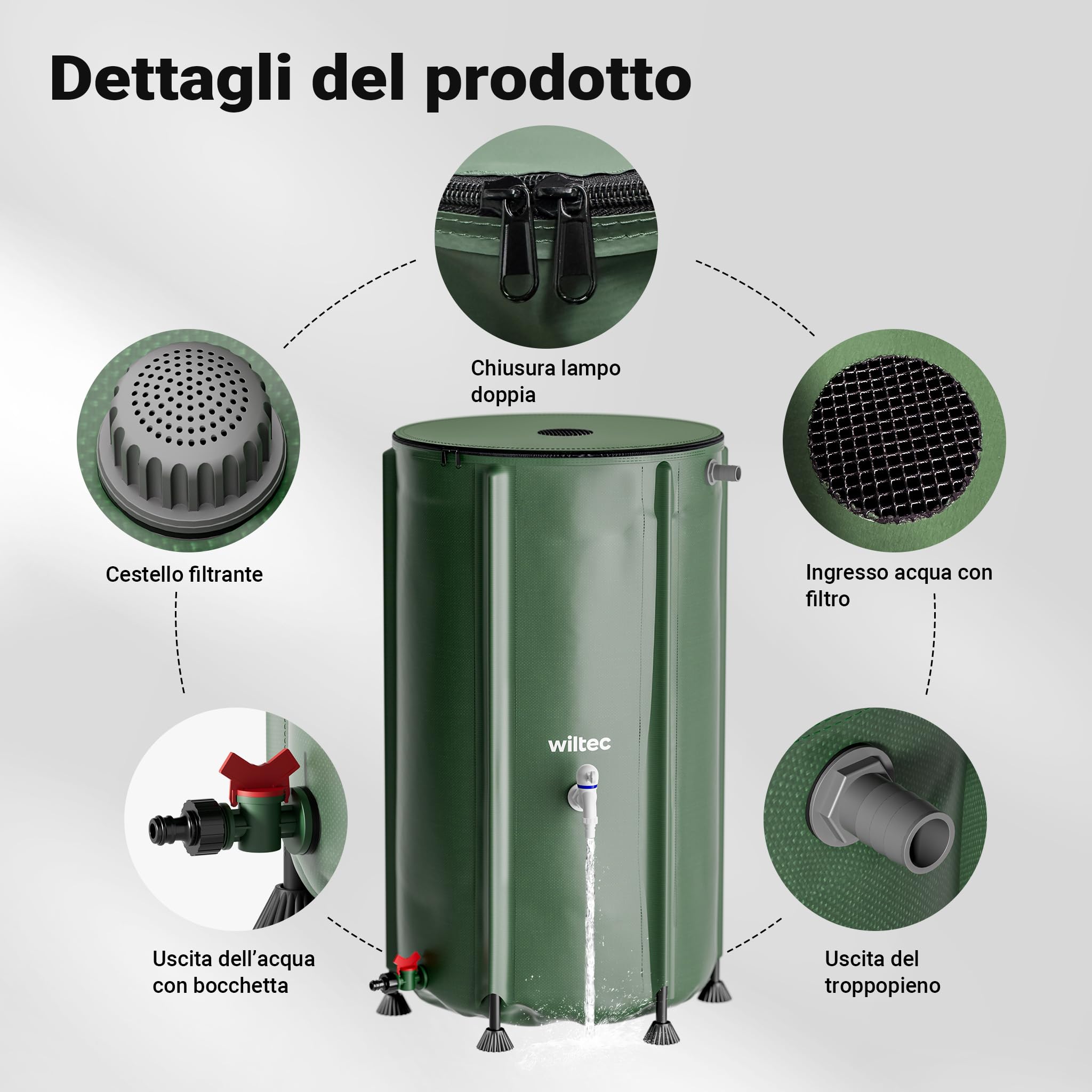Wiltec Serbatoio acqua piovana pieghevole da 250 l, con coperchio e rubinetto, contenitore raccolta acqua piovana in PVC da 620 g/m² con attacco per tubo