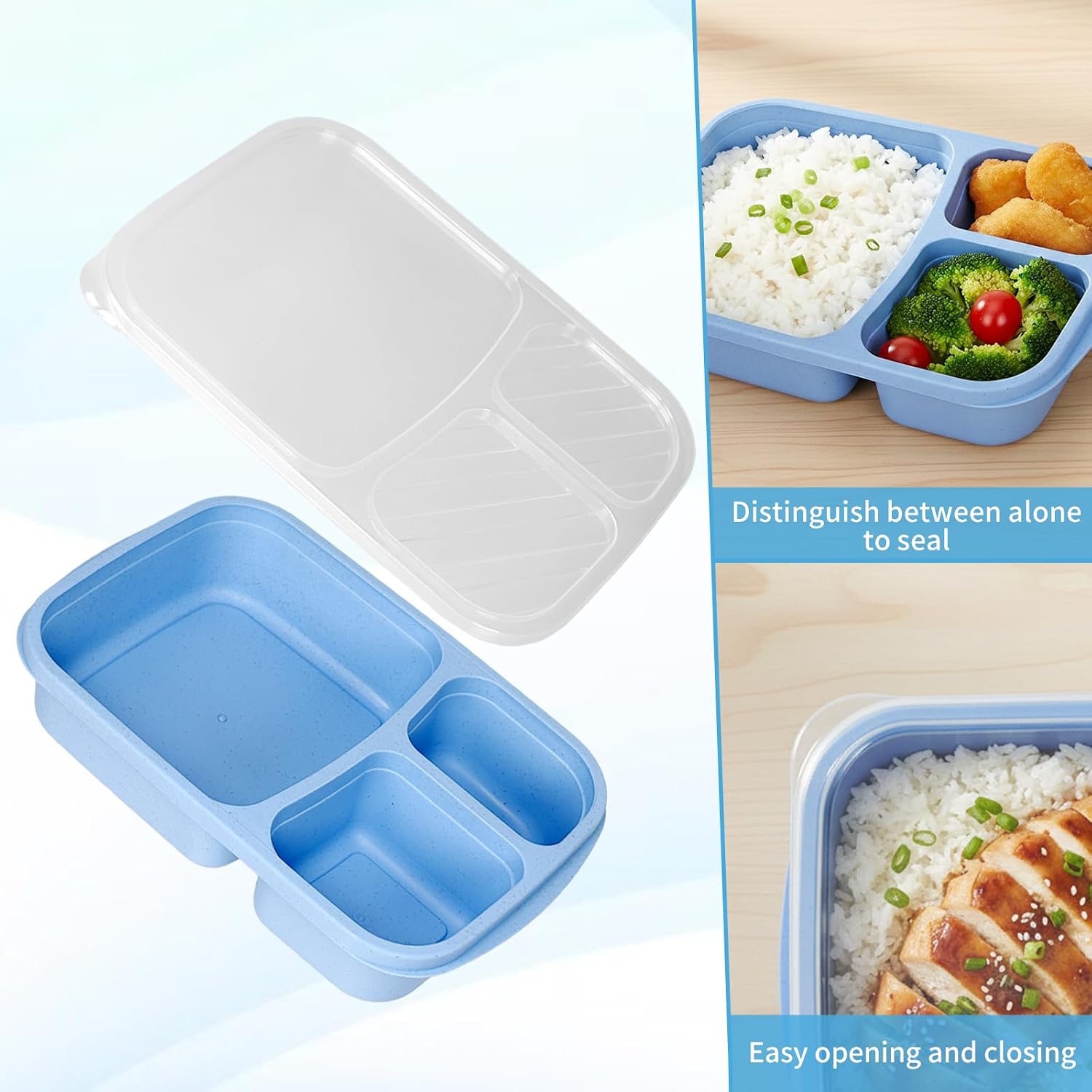4 Pack Bento Lunch Box Set, 3 Compartment Leakproof Stackable Food Containers, Reusable Wheat Straw Lunch Boxes for Adults Work and Travel thumbnail