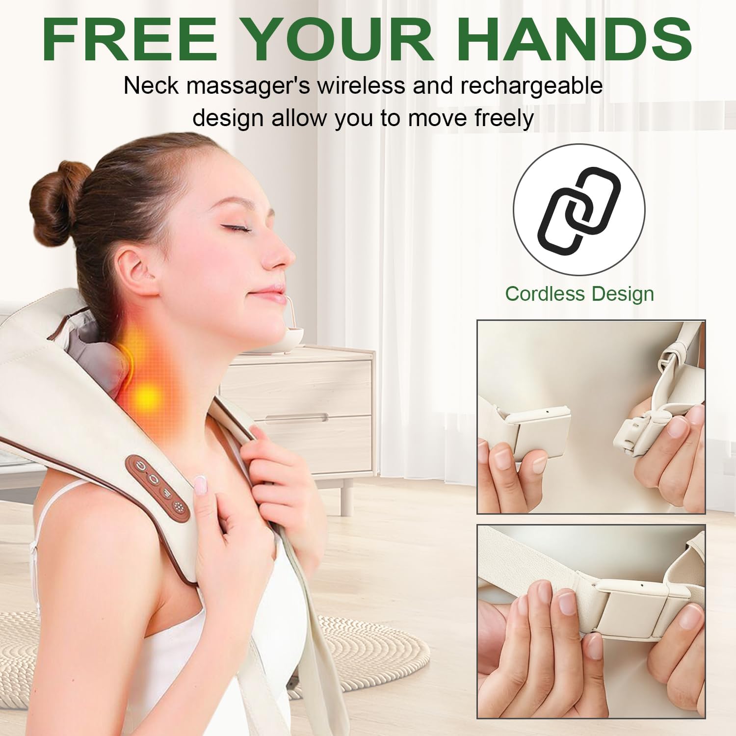 Neck and Shoulder Massager with Heat, Cordless Back and Neck Massager, 6D Shiatsu Kneading Deep Tissue for Shoulder Leg Back Waist Pain Relief Relax Muscles at Home Office (Off White)