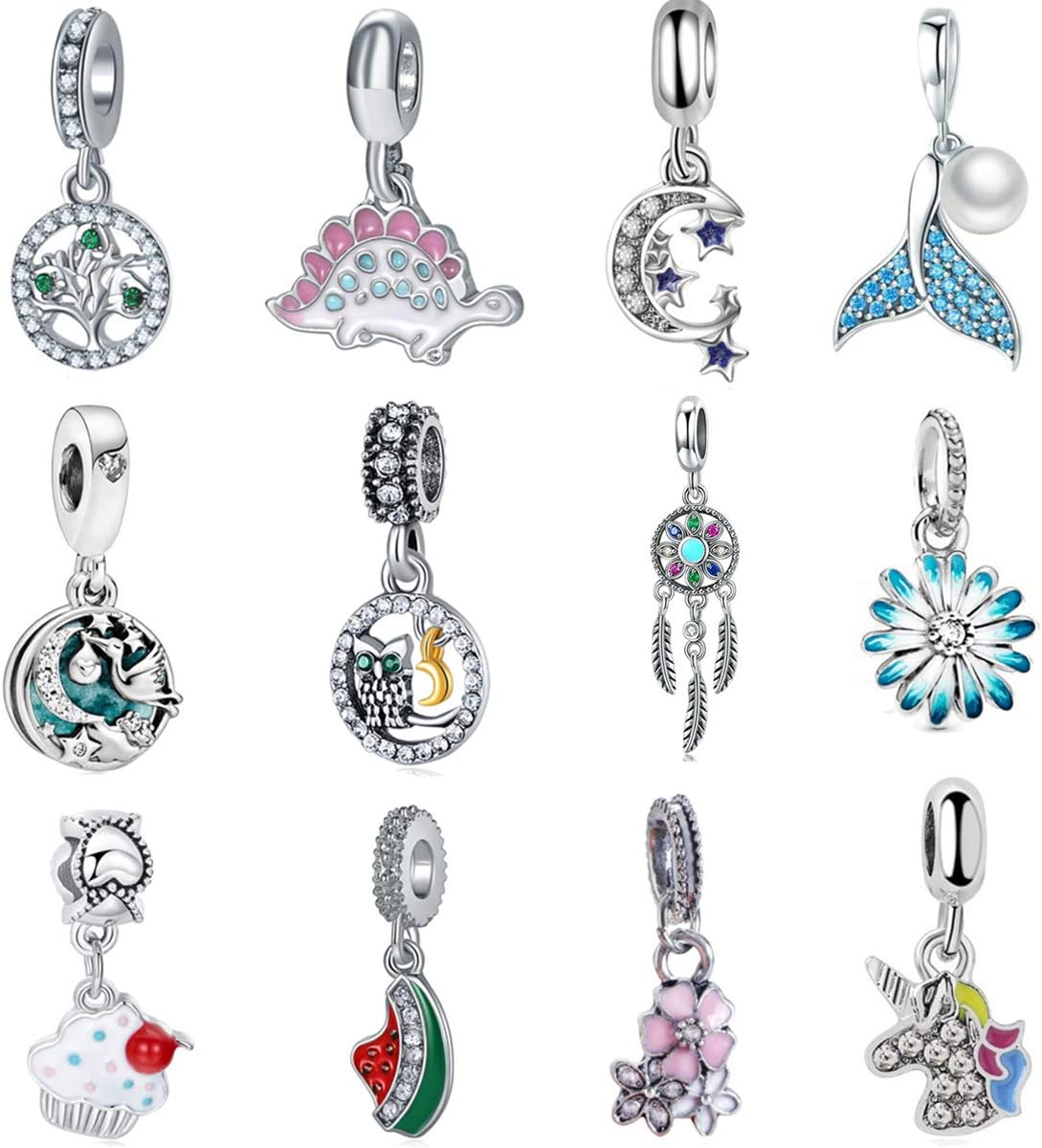 12pcs Mixed Silver Plated Colorful Enamel Alloy Beads Dangle Charms Fits for European Snake Chain Bracelet Necklace DIY Jewelry Making Supplies