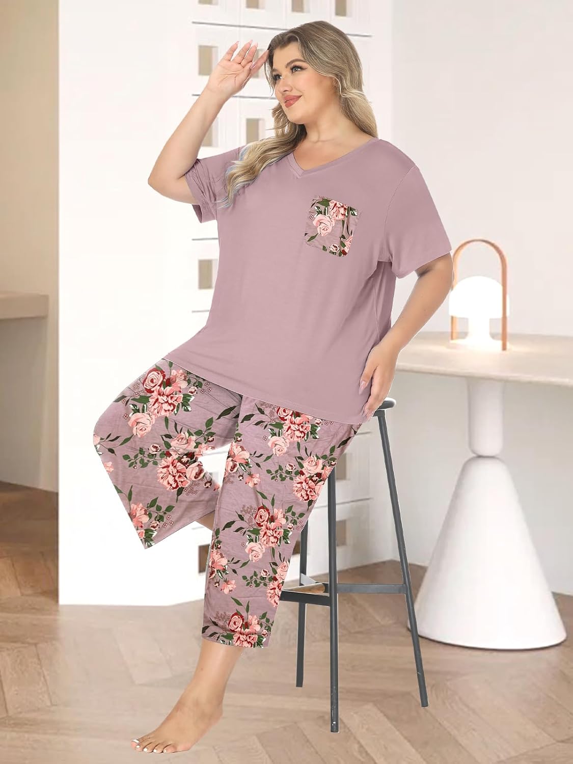Womens Modal Plus Size Pajamas Capri Pajama Sets Soft Pjs V Neck Shirt Printed Capri Pants With Drawstring S-3XL - Image 6