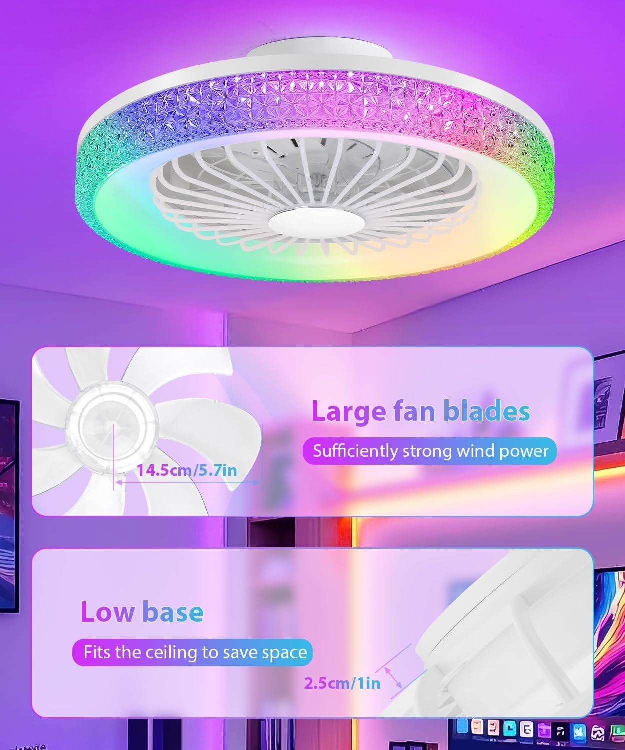 2-in-1 Low Profile Ceiling Fan with Light, 20” Caged Safety Design for Kids - RGB, CCT, Smart APP/Remote Control, Quiet Flush Mount DC Motor, Ideal for Bedroom/Living Room/Kitchen, Plastic Crystal