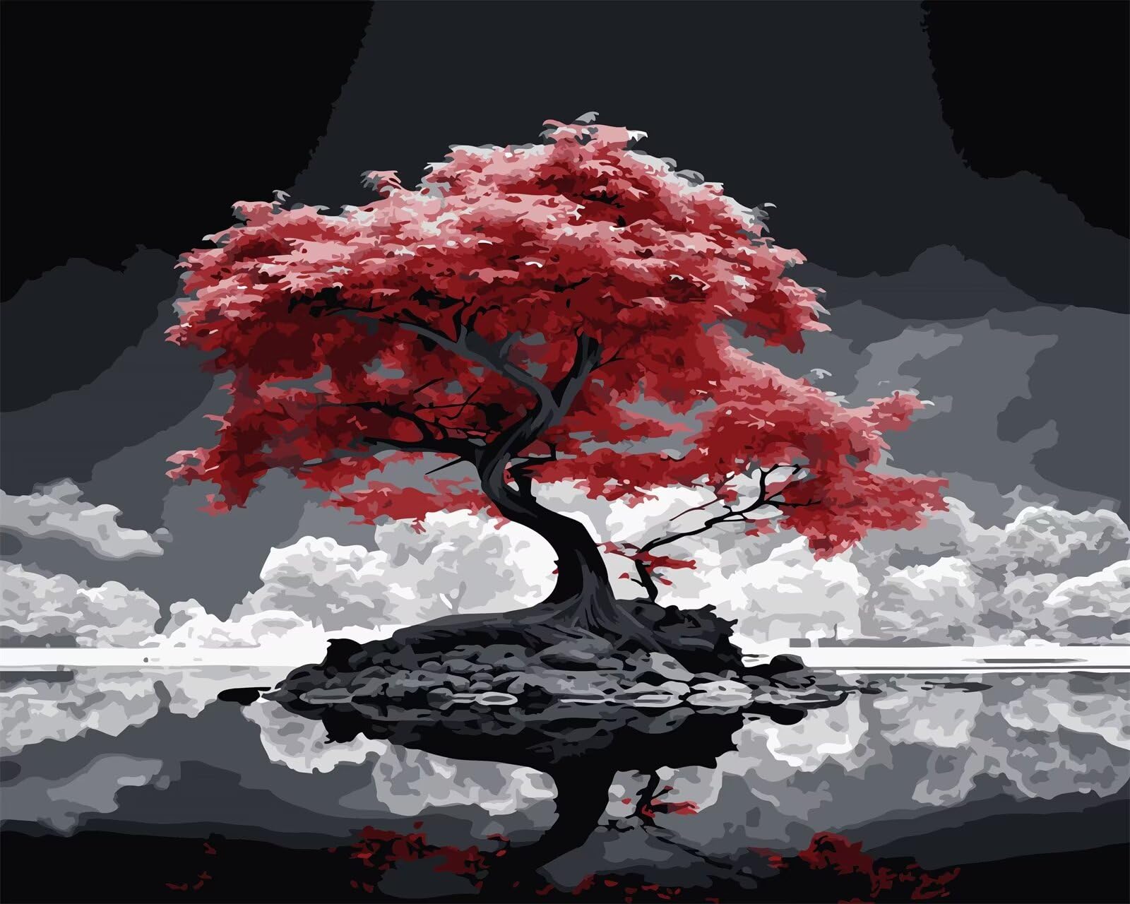 Yoonqun Rote Baumlandschaft Malen Nach Zahlen,60x75cm Malen Nach Zahlen Erwachsene DIY inklusive Pinsel und Acrylfarben Handgemalt Ölgemälde Kit Startseite Wandkunst Dekoration mit Rahmen