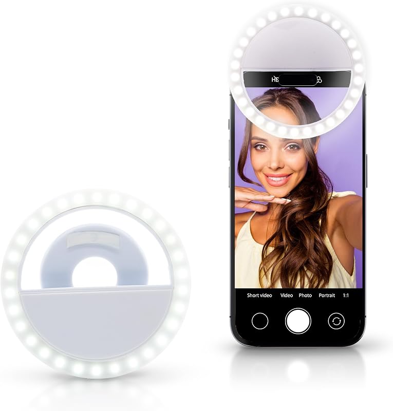 Anillo de luz LED recargable para selfies – Luz de teléfono con clip de 3,5” para iPhone, Android y computadoras portátiles – Carga USB, brillo ajustable – Iluminación portátil para selfies y videos