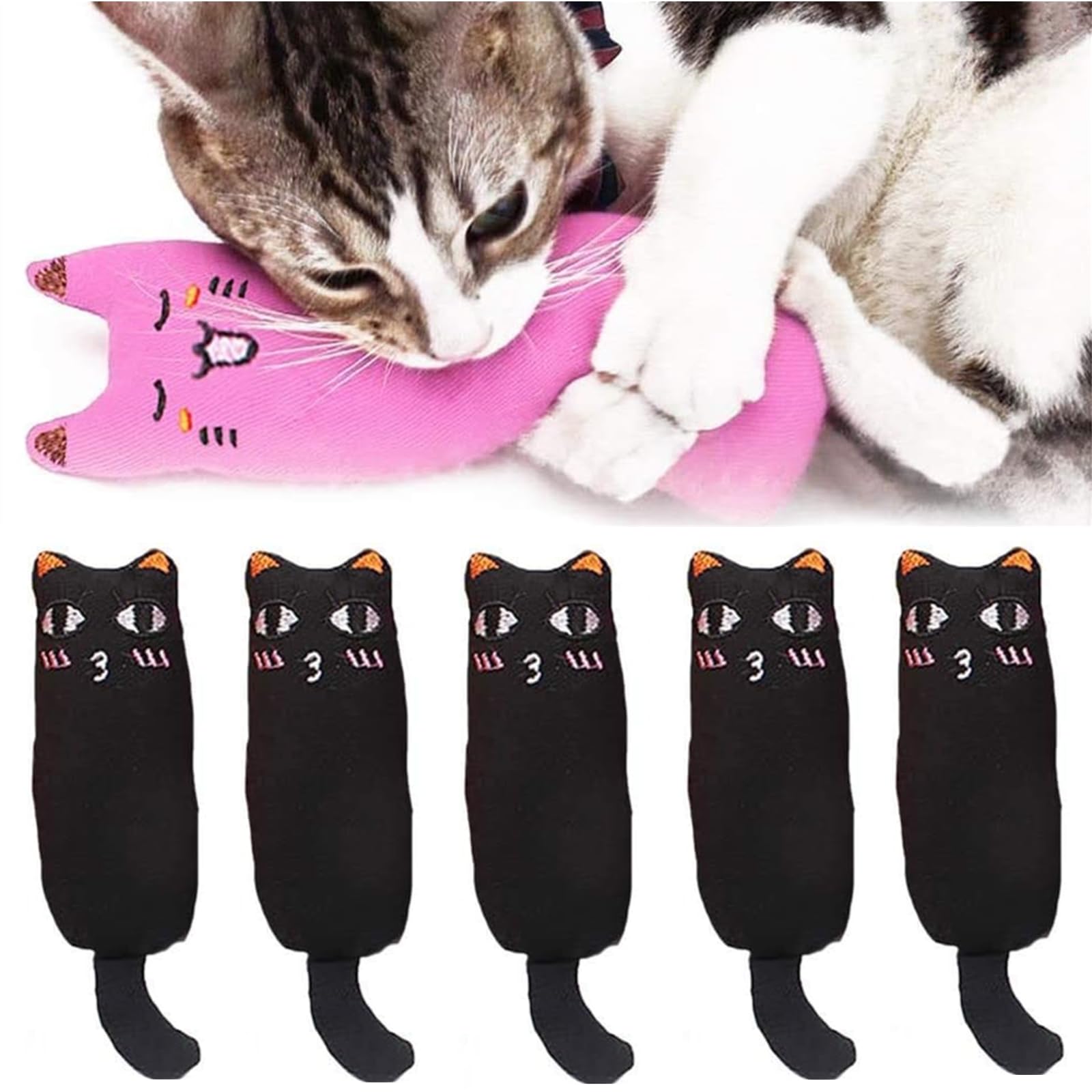 EBIEFLY5Pcs Pet Cat Toy Contains Mint Pure Cotton Fabric for Tooth Grinding, Durable Removal, Clean Tooth Brushing, Cute Cat Mouse Shaped Gift (Black)